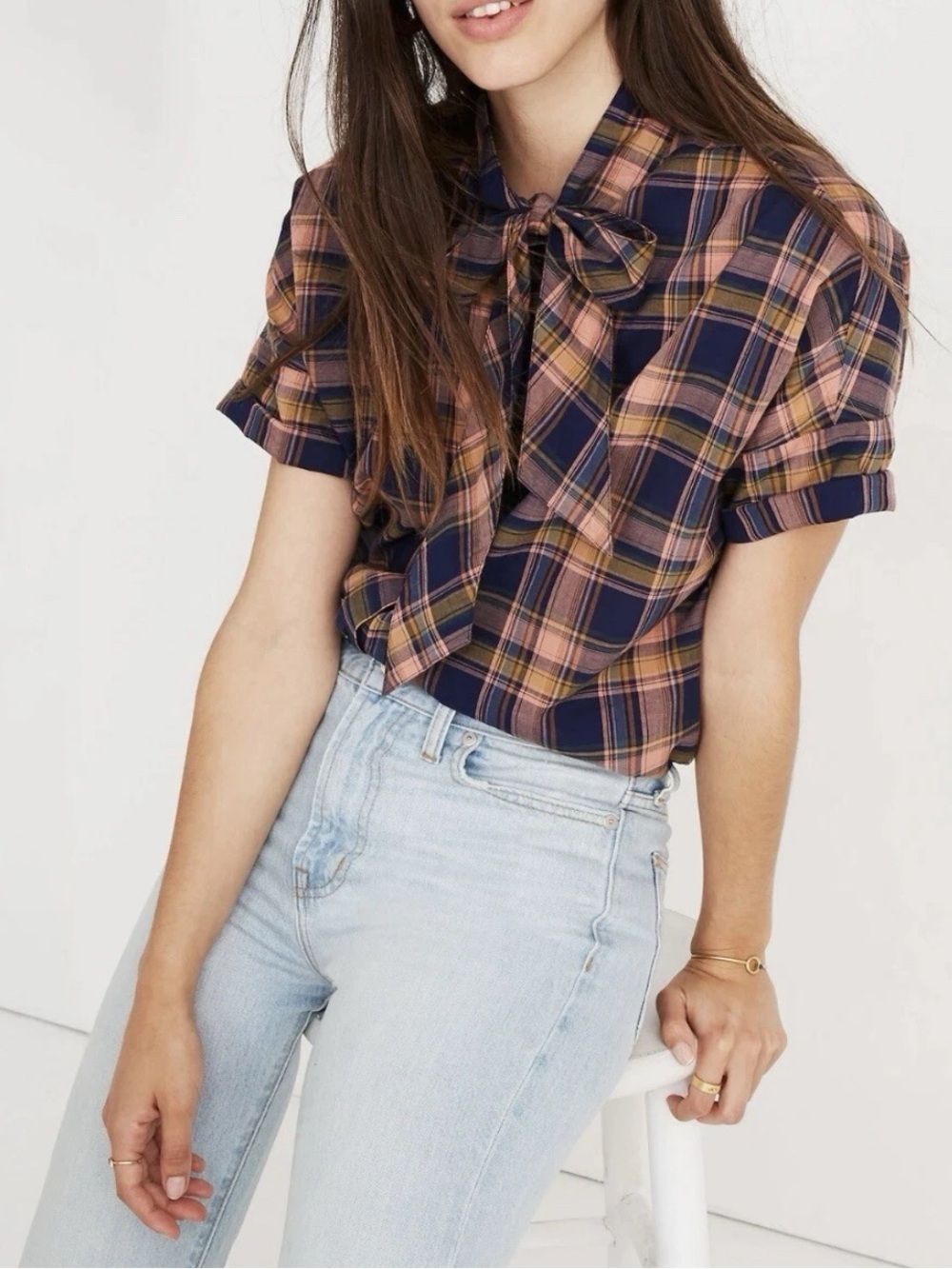 💙 Madewell Navy and Pink Plaid Top with Feminine Tie Neck 🩷